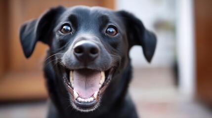Poster - Close-up portrait of a happy black dog with its mouth open, showing its teeth and tongue. The dog's eyes are bright and expressive, conveying a sense of joy and playfulness. : Generative AI