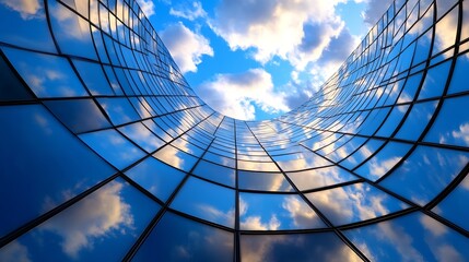 Aufkleber - Curved glass facade of a modern building reflecting a vibrant blue sky with fluffy white clouds, creating a striking architectural image. : Generative AI