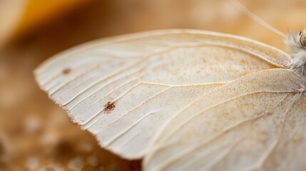 Poster - Close-up view of a delicate white butterfly wing, showcasing intricate vein patterns and subtle brown dust particles. The soft, warm background enhances the wing's texture and fragilit : Generative AI