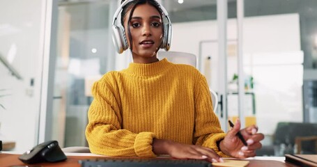 Aufkleber - Happy, face and woman with headphones, video call and writing notes for feedback, project and listening. Creativity, songwriter and person with smile for virtual meeting, music production and digital