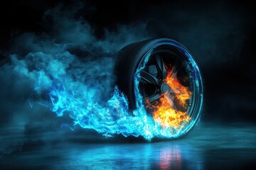 Poster - Dynamic graphic layout showcasing a burning tire with vibrant flames and smoke effects