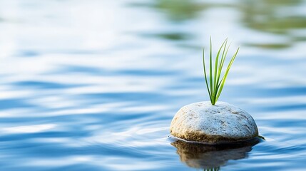 Poster - Serene scene of a single blade of grass sprouting from a smooth, grey stone resting gently on calm blue water, reflecting tranquility and new life. : Generative AI