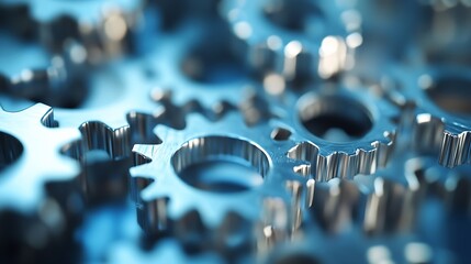 Aufkleber - Close-up view of intricate metallic gears, showcasing precision engineering and complex machinery.  The image features a cool blue tone and highlights the detailed texture of the metal : Generative AI