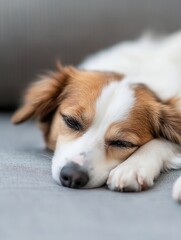 Poster - Close-up portrait of a sleeping Kooikerhondje dog resting its head on a gray couch, showcasing its soft fur and peaceful expression. : Generative AI