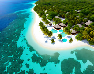 Wall Mural - Summer background beautiful beach aqua sea blue sky coconut palm trees white sand,generative ai