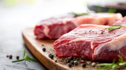 Poster - Close-up of three raw beef steaks seasoned with peppercorns and rosemary sprigs, resting on a rustic wooden cutting board. : Generative AI