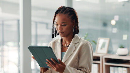 Aufkleber - Office, black woman and research with tablet for website, digital agency and connection for email. Workplace, female person and consultant with technology for startup information, business and report