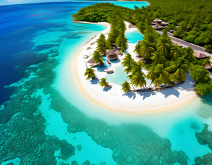 Wall Mural - Summer background beautiful beach aqua sea blue sky coconut palm trees white sand,generative ai