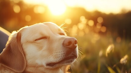 Poster - Golden retriever dog relaxing in sunset, eyes closed, peaceful expression, enjoying warm sunlight, summer evening, nature scene. : Generative AI