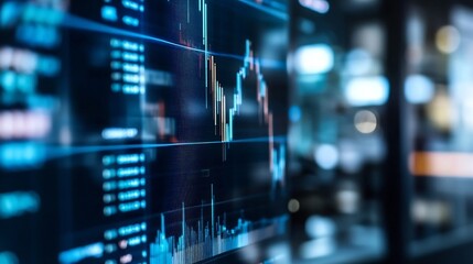 Leinwandbilder - Close-up view of a digital screen displaying dynamic stock market data, showing candlestick charts and numerical data streams in shades of blue and orange. : Generative AI