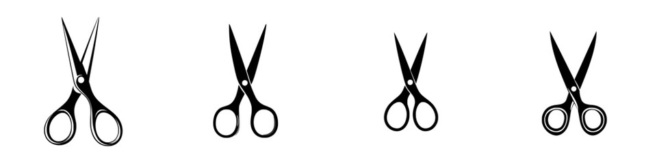 Poster - Various flat black scissor icons displaying different angles in a minimalist design suitable for creative projects
