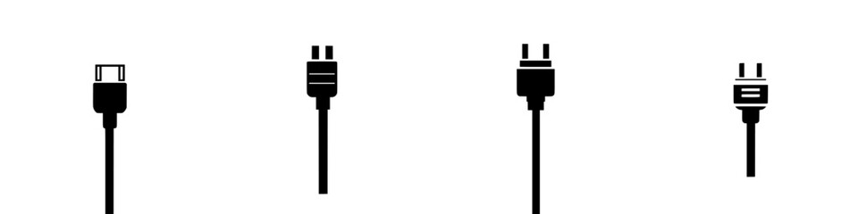 Poster - Icon set of flat black electrical connectors showing USB and power plug designs for digital use