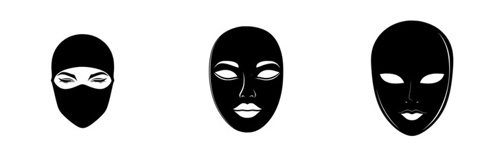Poster - Black flat icons representing different facial expressions and styles of masks for creative design use