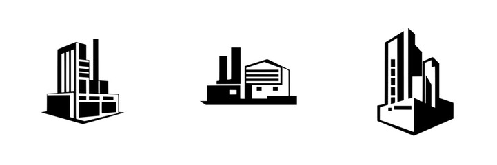 Poster - Modern flat black industrial icons representing factories and warehouses in a minimalist style for graphic design and branding purposes