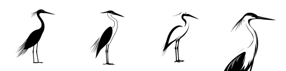 Poster - Elegant flat black icon of various heron silhouettes showcasing diverse postures and designs in minimalist style