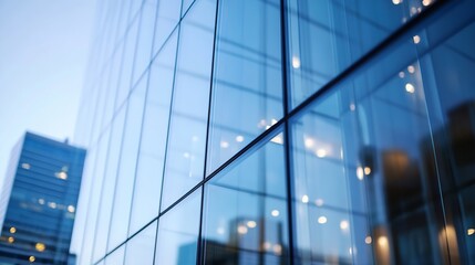 Aufkleber - Modern glass skyscraper facade reflecting city lights at dusk, showcasing architectural details and a sense of urban sophistication. : Generative AI