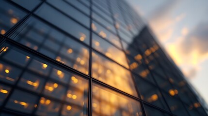 Poster - Abstract close-up of a modern glass building facade reflecting a warm sunset, showcasing intricate details and a blend of dark and golden hues. : Generative AI