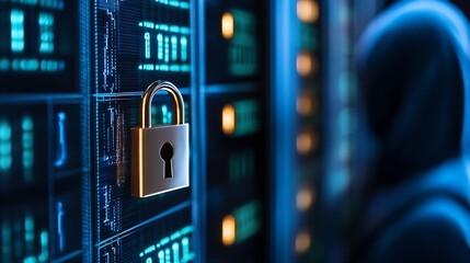 Poster - Cybersecurity concept: a gold padlock on a server rack with teal digital code, symbolizing data protection and online security. : Generative AI