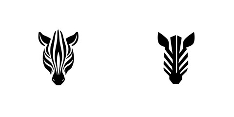Poster - Flat black icon designs featuring the stylized heads of zebras with distinctive striped patterns in a minimalist style