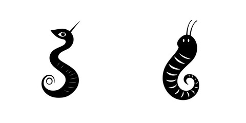 Poster - Creative flat black icons representing a snake and a worm with minimalistic design elements