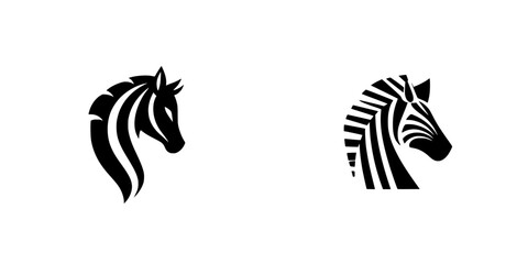 Poster - Black icon representing the heads of a horse and a zebra in a minimalistic style, showcasing contrast in design elements
