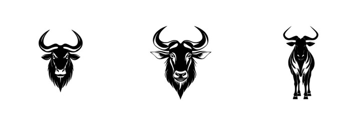Poster - Flat black icon depicting three distinct styles of bull heads with various features and expressions for design purposes
