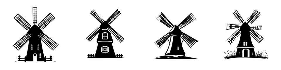 Poster - Various flat black windmill icons showcasing traditional design elements and distinct shapes