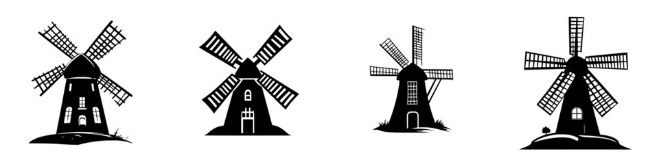 Poster - Collection of flat black windmill icons representing classic rural architecture designs for use in various projects