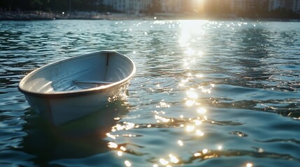 Aufkleber - Small white rowboat floats gently on calm teal water, sunlight glints on the surface, creating sparkling highlights.  A tranquil scene near a distant cityscape. : Generative AI