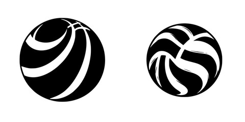 Poster - Black icon designs featuring two distinct ball shapes representing sports activities and teamwork dynamics in modern graphics