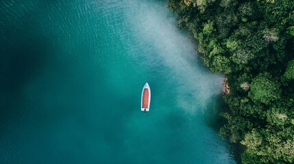 Poster - Aerial view of a small motorboat on teal water, next to a lush green tropical forest shoreline.  The boat is positioned centrally, offering a tranquil and serene scene. : Generative AI