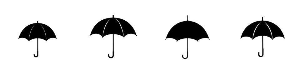 Poster - Various flat black umbrella icons arranged in a row showcasing simple design and versatility in graphic representation for digital use