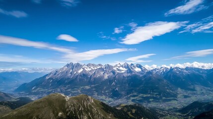 Poster - Majestic alpine panorama: snow-capped peaks and verdant valley under a vibrant blue sky with wispy clouds. A breathtaking view of the mountain range. : Generative AI