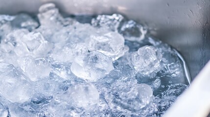 Aufkleber - Close-up view of many ice cubes in a metal container, glistening with water droplets, reflecting light, creating a cool and refreshing atmosphere. : Generative AI