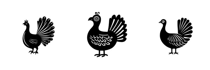 Poster - Unique flat black icons of three stylized birds showcasing diverse feather designs and postures against a white background