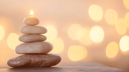 Leinwandbilder - Serene candle flame atop a balanced stack of smooth, beige stones, set against a soft, warm, bokeh background, evoking tranquility and mindfulness. : Generative AI