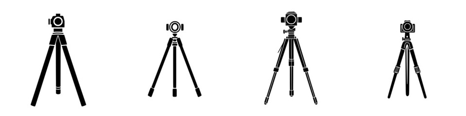 Poster - Flat black icons representing different styles of camera tripods on a simple background for design and illustration purposes