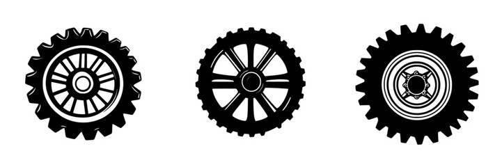 Poster - Flat black icon of three distinct gear designs showcasing different styles and structures for mechanical and industrial purposes