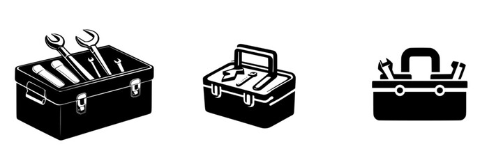 Poster - Flat black tool icons representing different types of toolboxes and tools for maintenance and repair activities