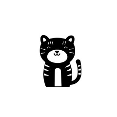 Poster - cute flat black icon of a smiling cat with stripes standing on a white background