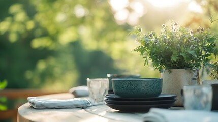 Poster - Serene outdoor dining scene: teal ceramic bowl, plates, linen napkins, wildflowers in a vase, on a wooden table, bathed in warm sunlight. : Generative AI