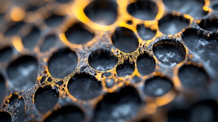 Fototapete - Close-up view of a metallic honeycomb structure with gold highlights, showing intricate details and a textured surface. The image evokes a sense of industrial design and technological  : Generative AI