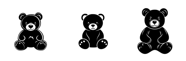 Poster - flat black icons of teddy bears showcasing different poses and expressions in a minimalist design st