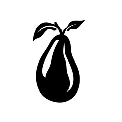 Poster - Stylized flat black icon representing a pear with leaves on a plain background