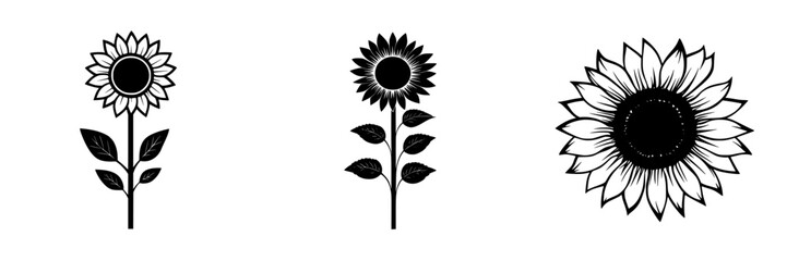 Poster - Black icons of sunflowers displaying different styles and shapes for graphic design projects and artistic uses