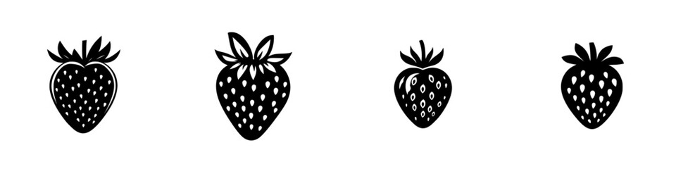 Poster - Flat black icons of strawberries in various styles suitable for digital design projects or branding