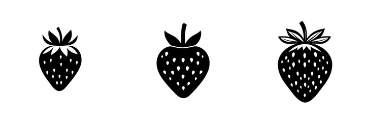 Poster - Black icon collection featuring stylized strawberries in various shapes and sizes on a minimalistic background