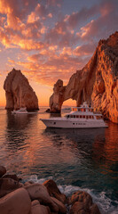 Aufkleber - Luxury yacht at sunset Cabo San Lucas Mexico nestled between dramatic rock formations creating a breathtaking seascape.  The orange hues paint the sky and water reflecting the tranquil : Generative AI