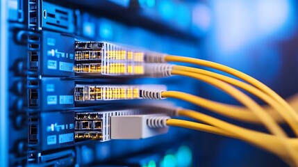 Poster - Close-up view of fiber optic cables connected to a network switch in a server room, showcasing the intricate details of data transfer technology. : Generative AI