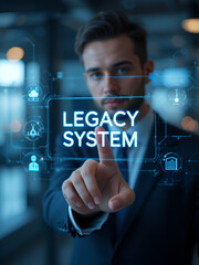 businessman using virtual touch screen presses inscription legacy system legacy systems business tec